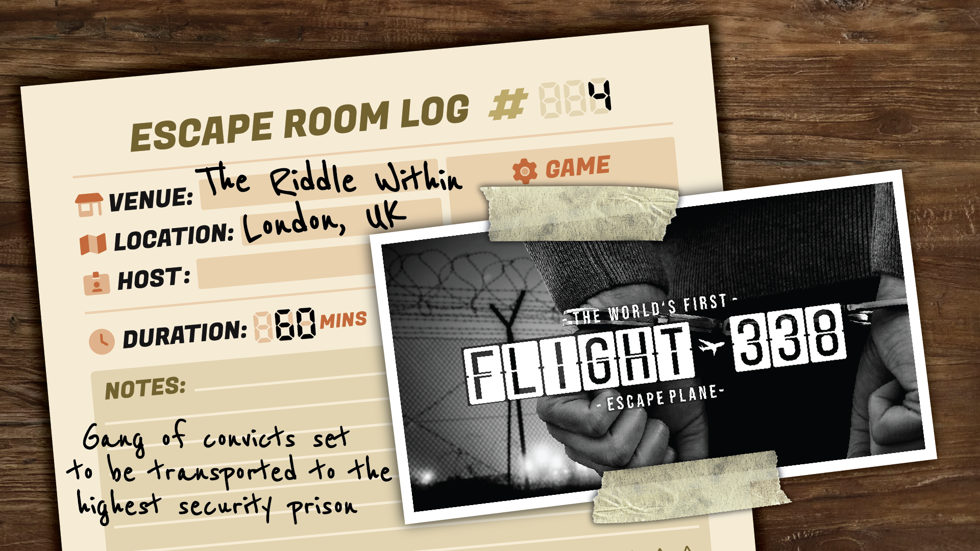 An Escape Room Passport log page detailing an experience.