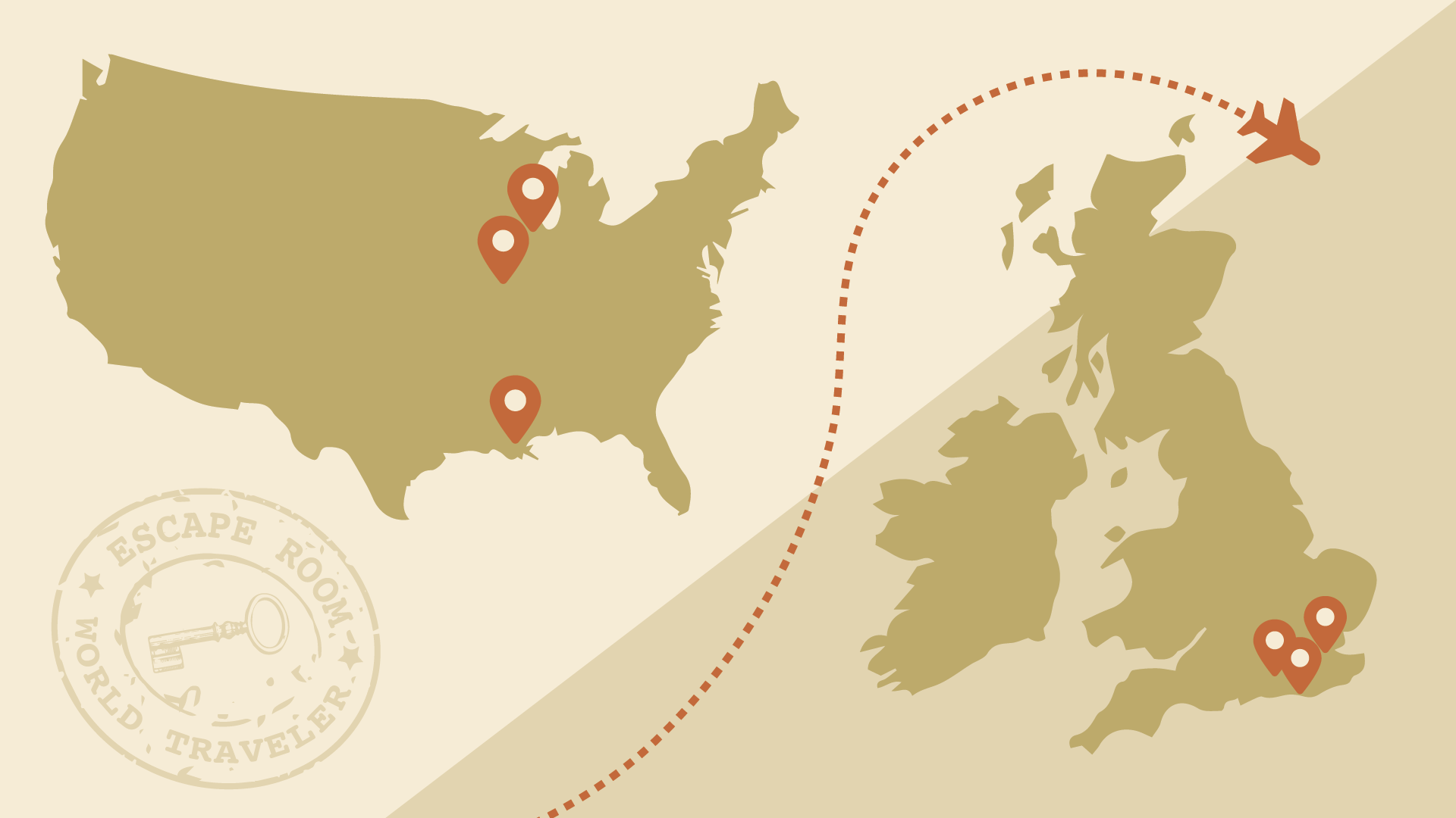 A map showing locations of escape rooms which feature airplanes.