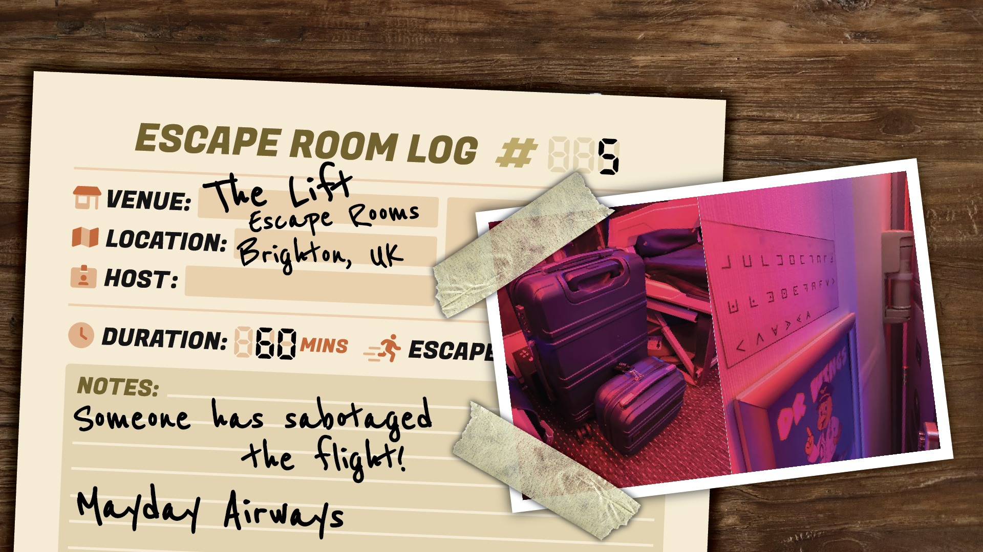 An Escape Room Passport log page detailing an experience.
