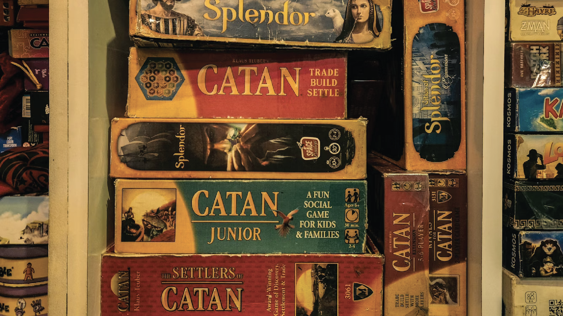 A shelving unit filled with board games.
