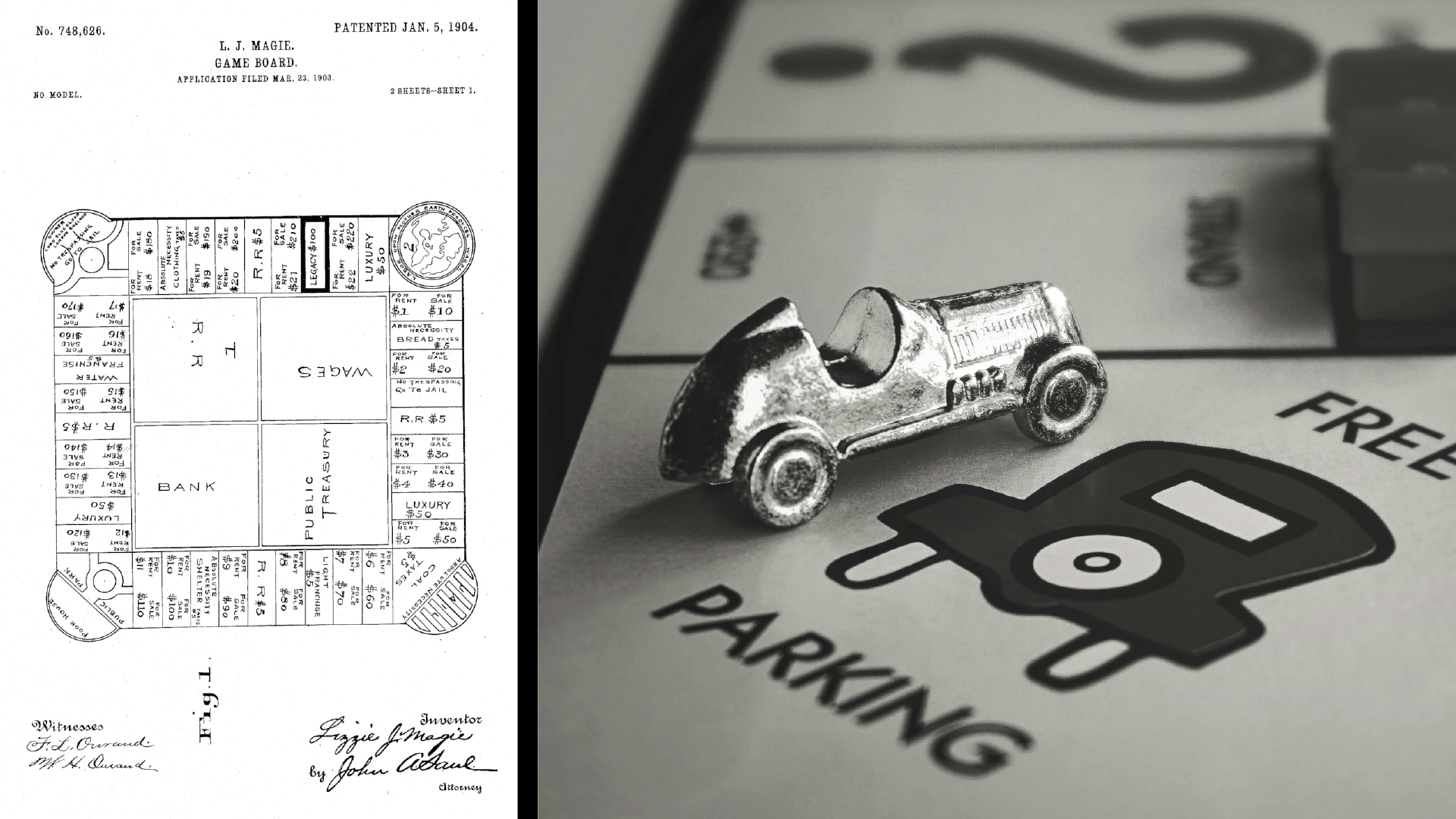 A patent for an original version of Monopoly, alongside a photograph of the modern version.