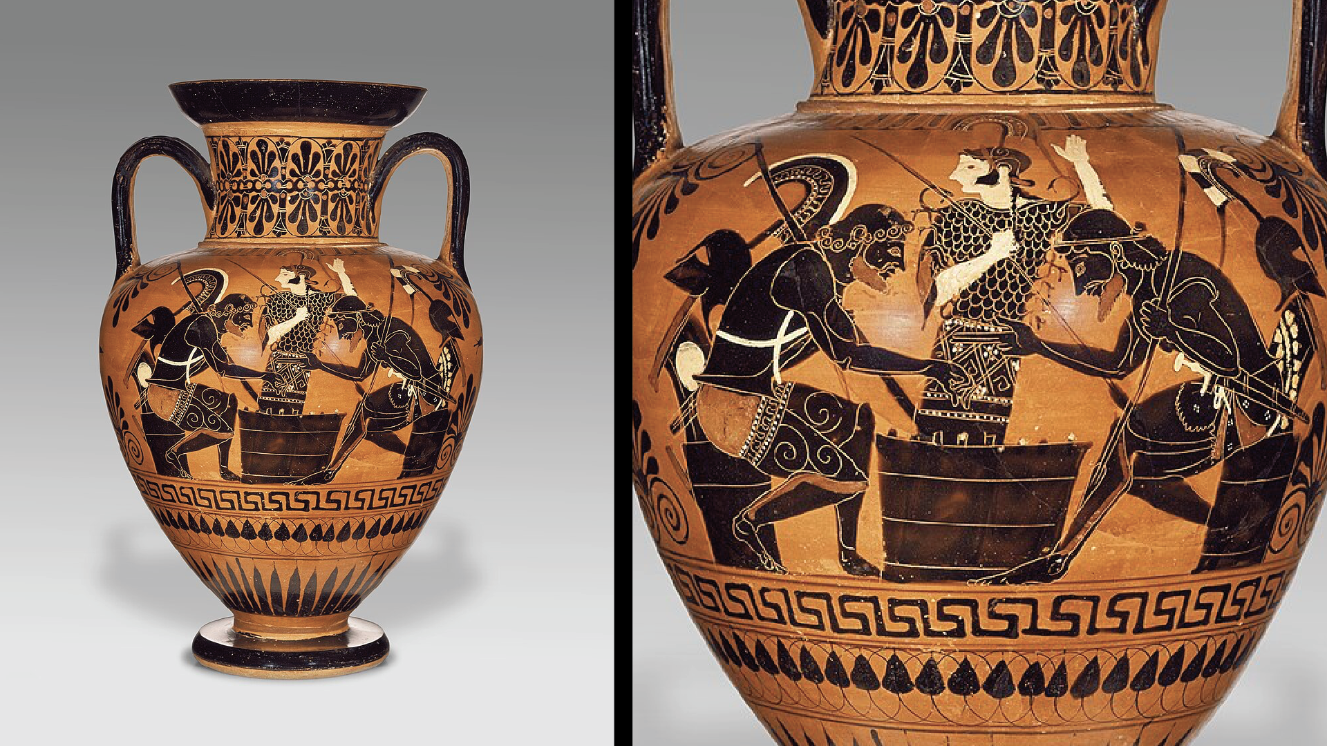 A Grecian urn depicting two board game players.