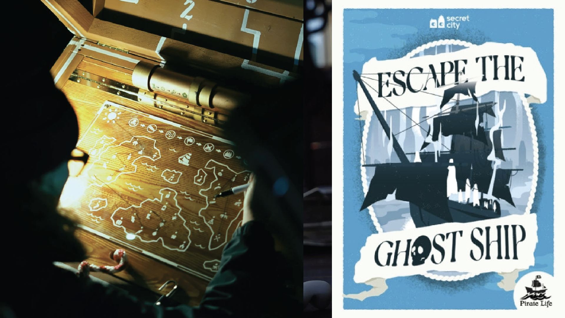 A promotional image for the Escape The Ghost Ship escape room.