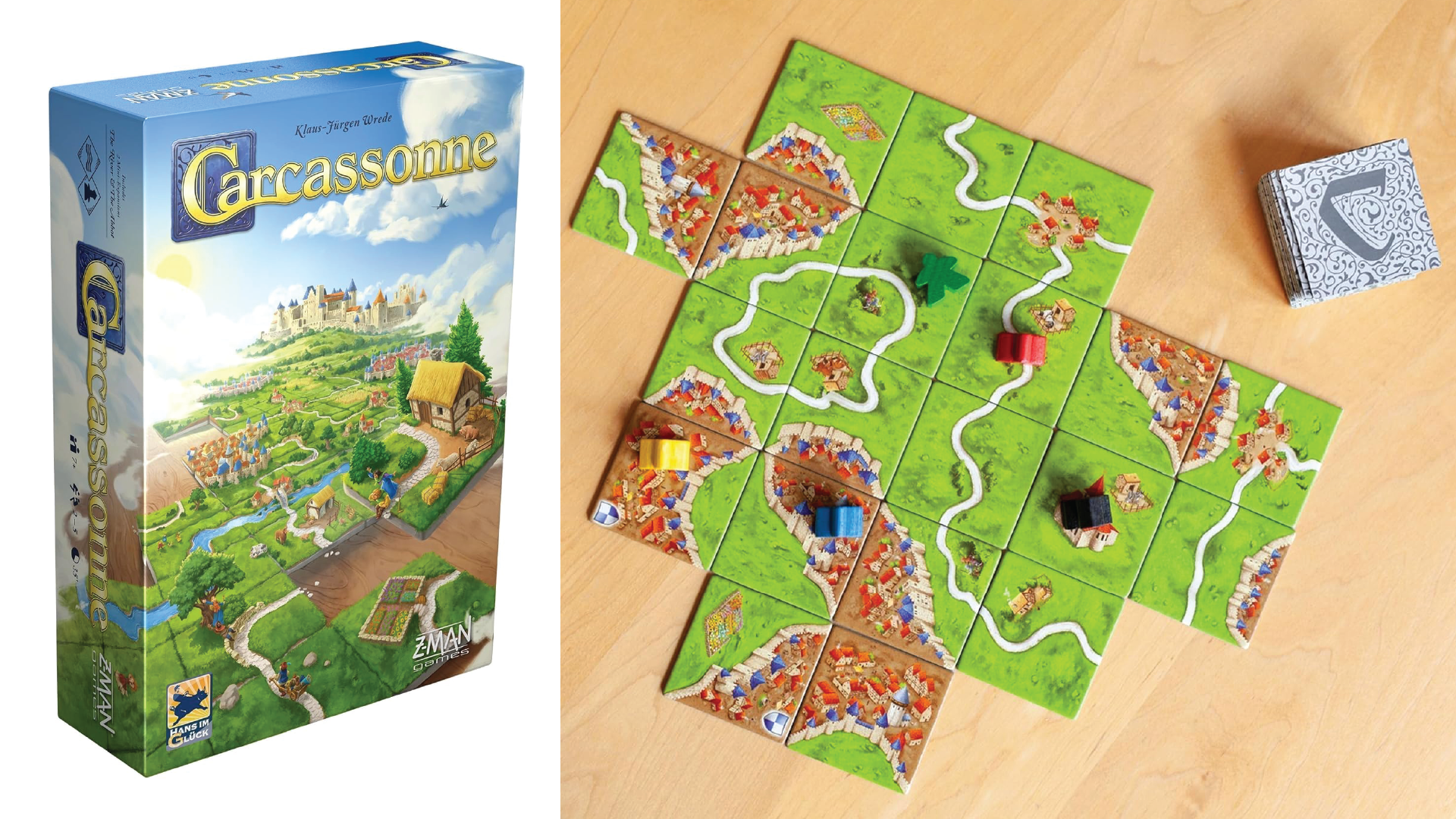 The box and a close up of the game board for Carcassonne.