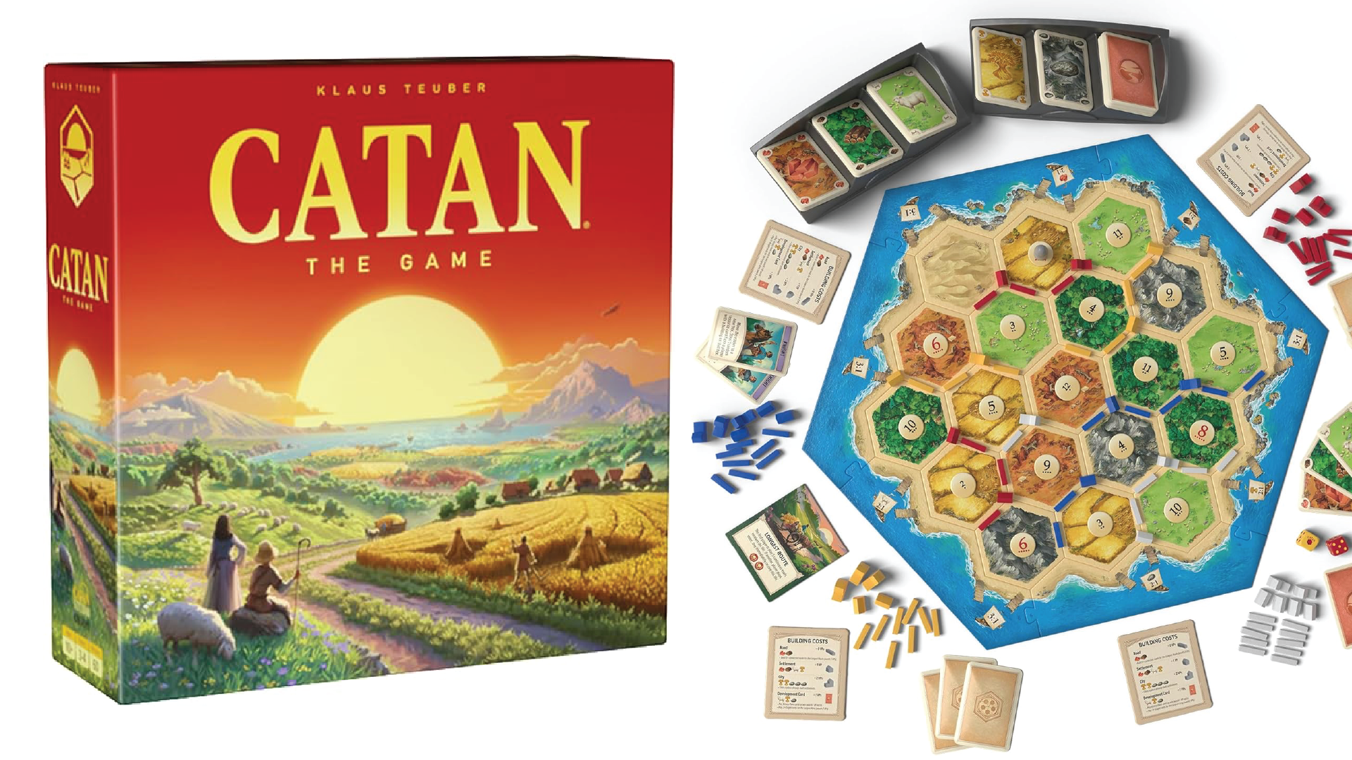 The box and a close up of the game board for Catan.