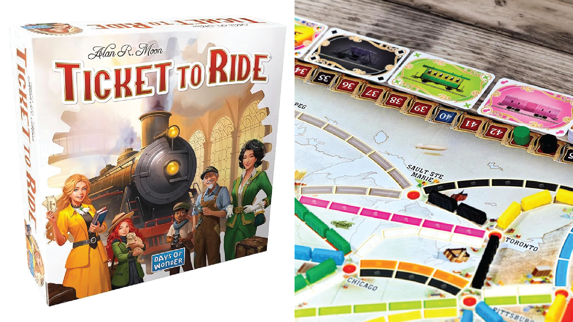 The box and a close up of the game board for Ticket To Ride.