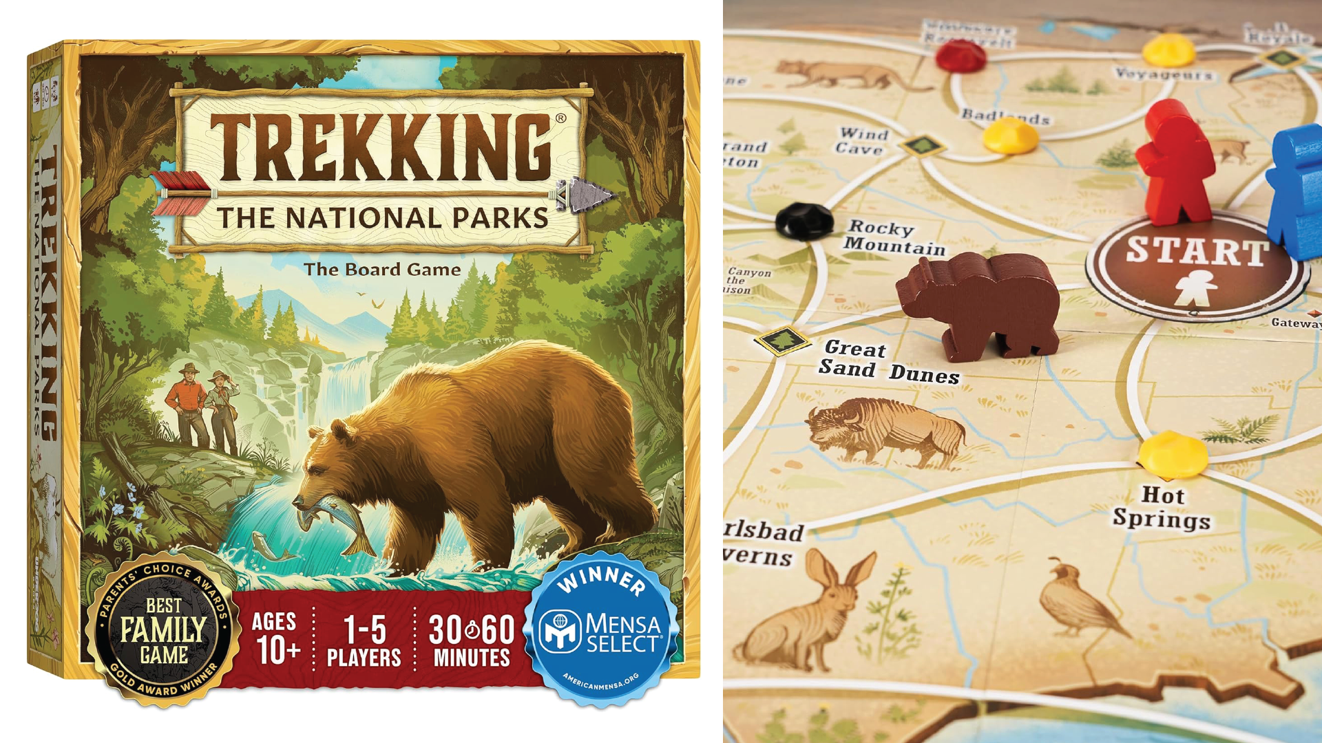 The box and a close up of the game board for Trekking The National Parks.