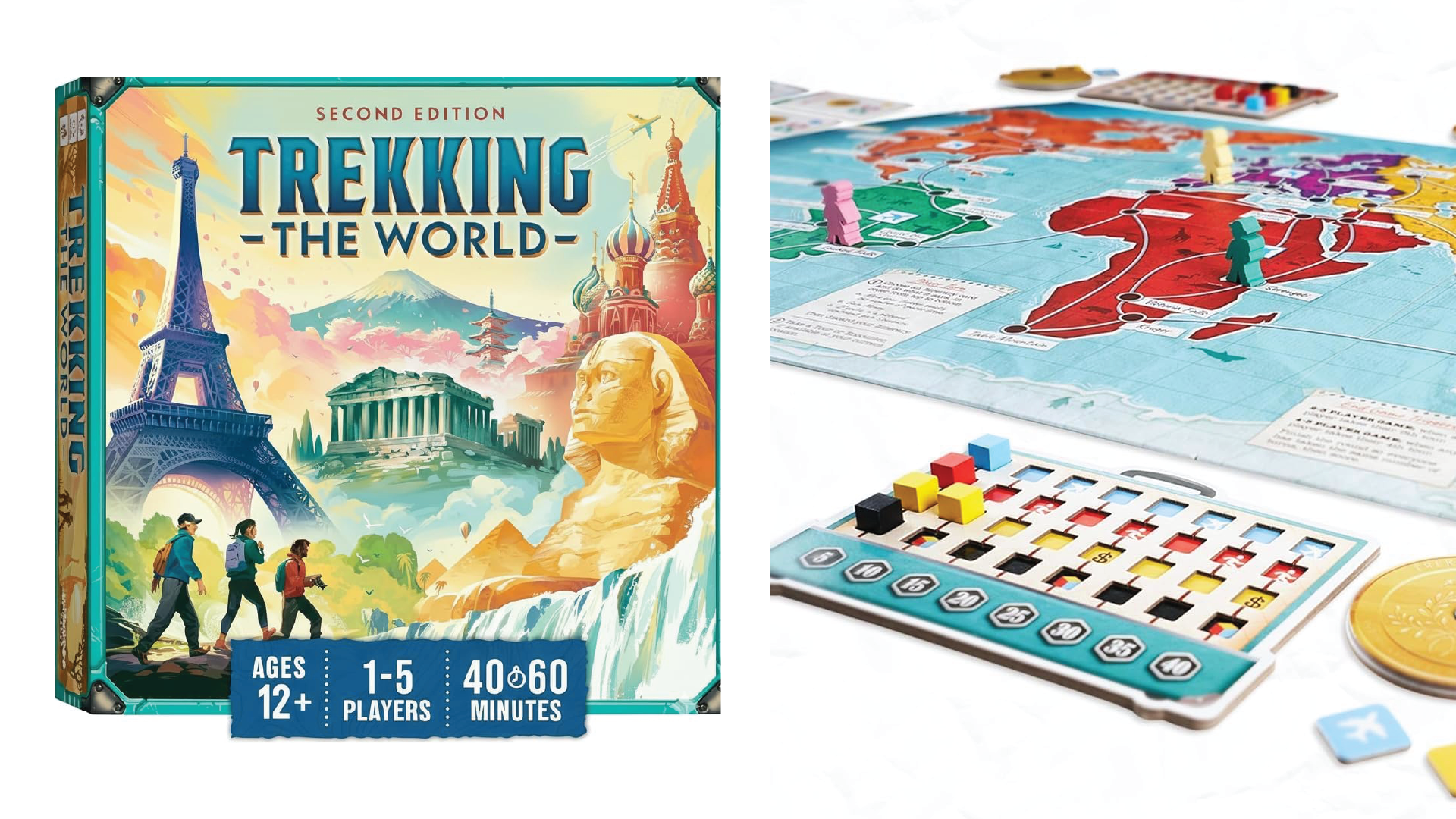 The box and a close up of the game board for Trekking The World.