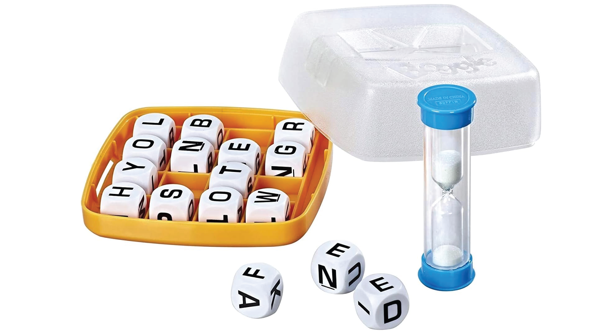 The game components for a travel version of Boggle.