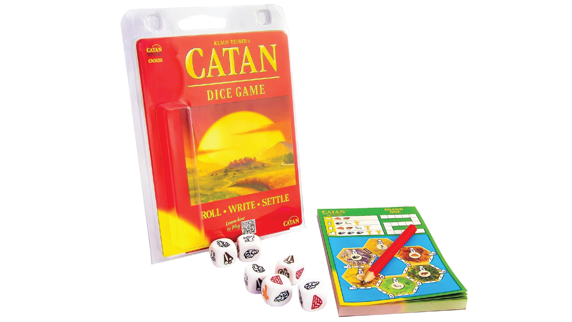 A photograph of the Catan Dice Game components.