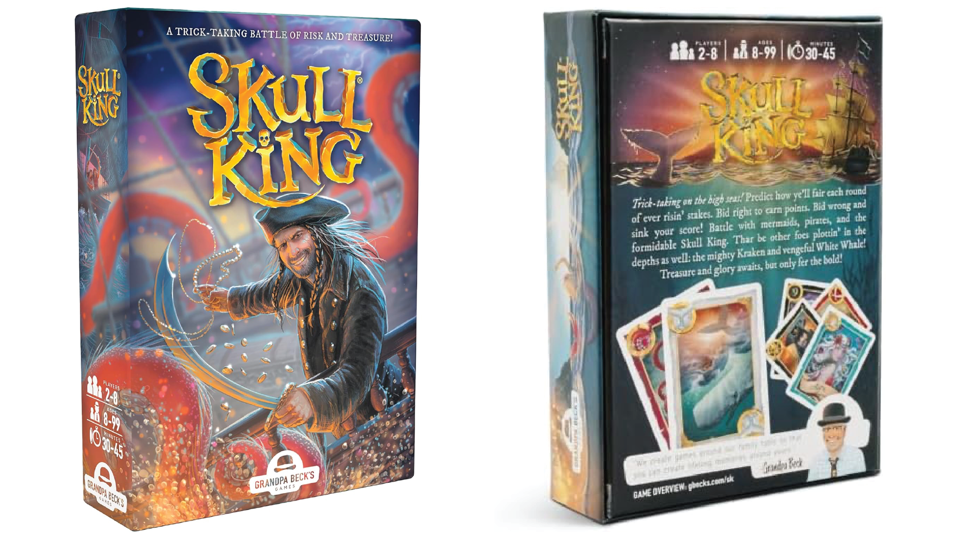 The front and back of the Skull King card game box.