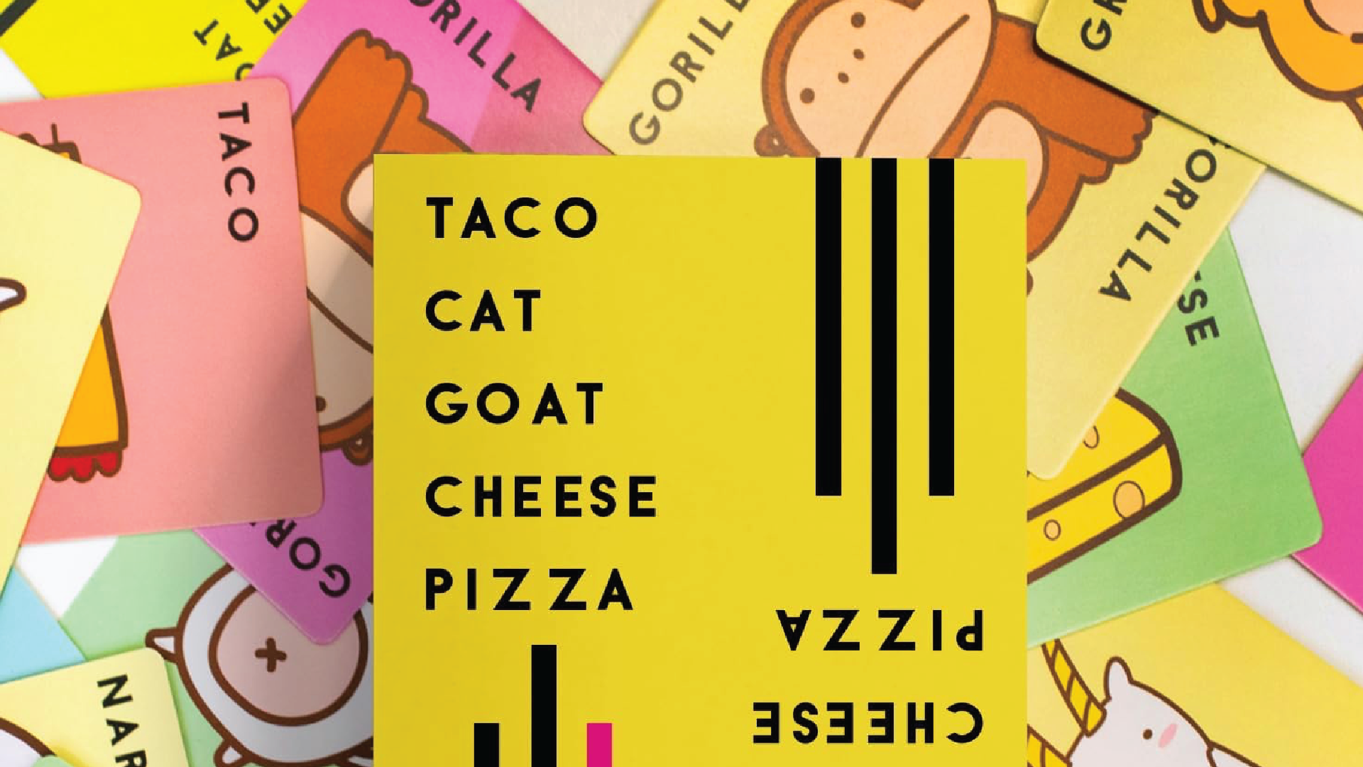The box and cards for the Taco Cat Goat Cheese Pizza card game.