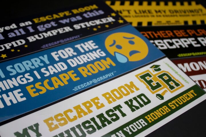 A close-up view of the bumper stickers.