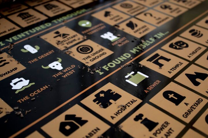 A close-up view of the poster with squares scratched off.