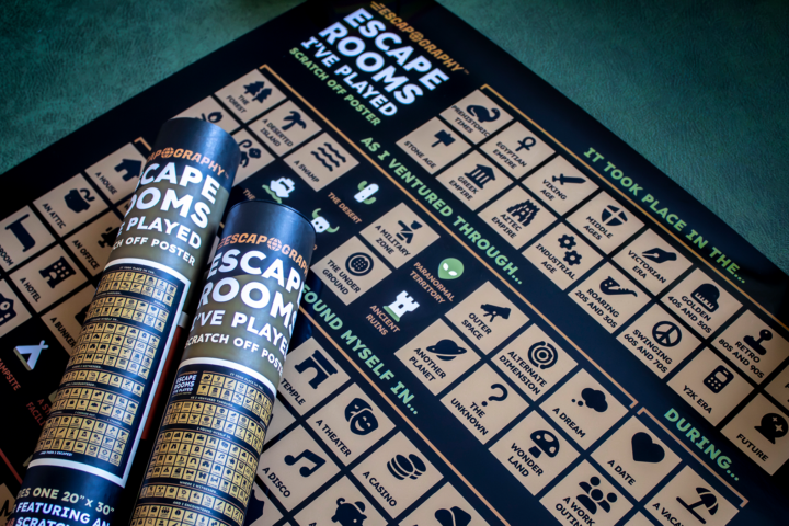 A photograph of the Escapography poster against a textured green blotter.
