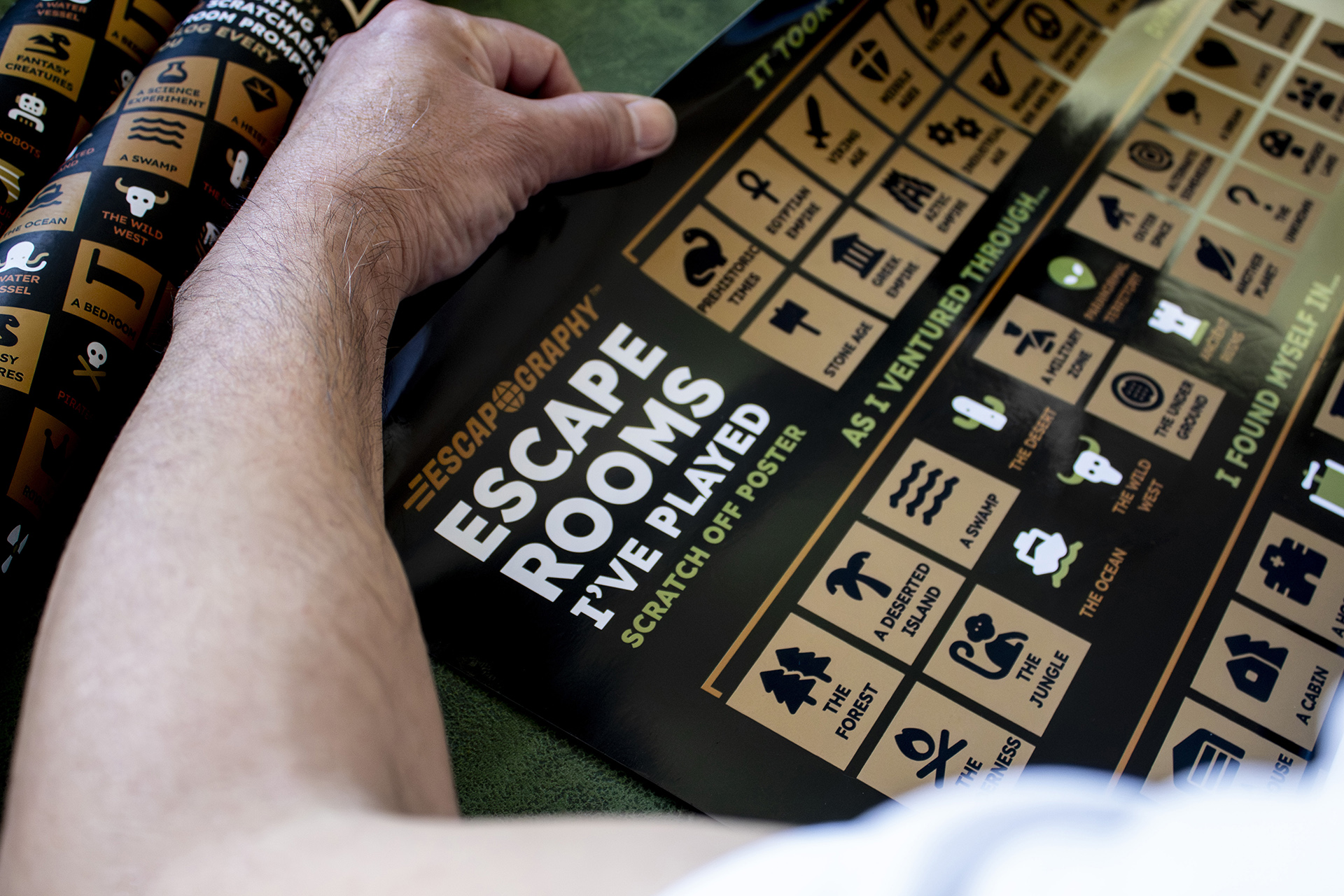 A photograph of the Escapography poster against a textured green blotter.