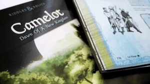 An open page in a roleplaying adventure book, showing an illustration of characters you may encounter.