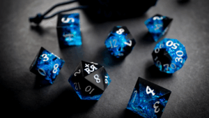 A set of dice with a bright blue appearance.
